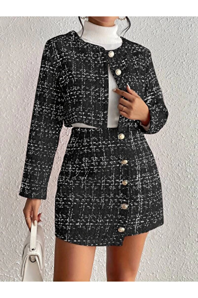 TBL DEKOR Mdb Women's Long Sleeve Button Front Chanel Jacket and Skirt Set