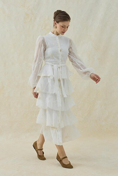 Elbee Fashion Woman Layered Chiffon Dress with Floral Embroidery Detail