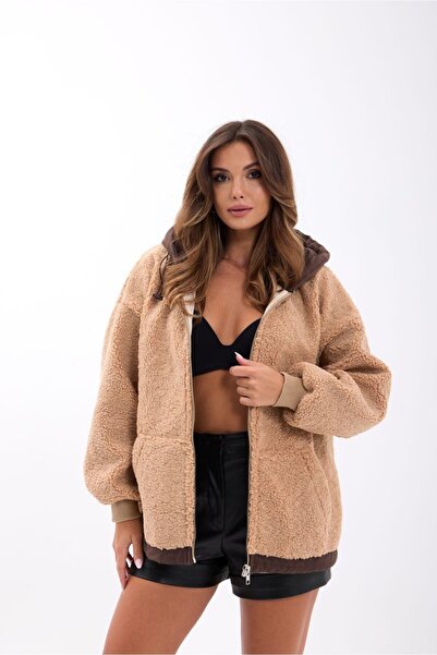 ALİVİONS Peluş Kapüşonlu Fermuarlı Mont