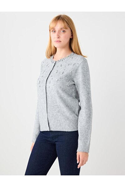 Jimmy Key Gray Round Neck Shiny Stone Detailed Knitwear Cardigan