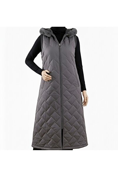 AFYON PASTEL Kadın Kapüşonlu Uzun Kapitone Yelek