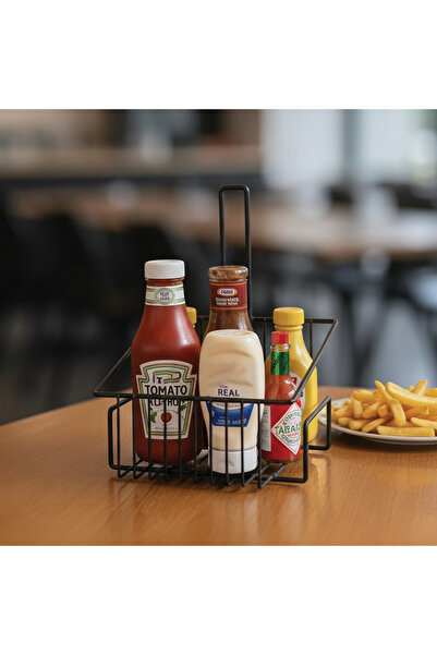 decorelax Metal Sauce Holder and Table Organizer Stand - Ketchup, Mayonnaise Holder, Model-2 (Black) | Cafe & Restaurant Presentation