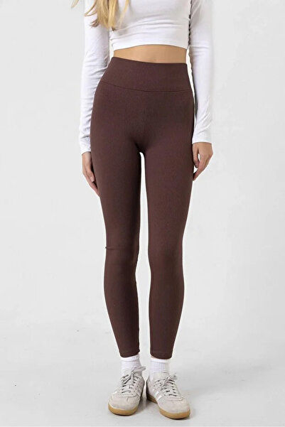 Coşkun GİYİM Women's Yülekbel Fleece-Lined Corded Fabric Leggings Brown 1024
