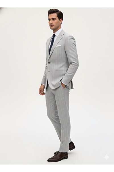 SÜVARİ Torba Pocket Striped Wool Blend Gray Suit