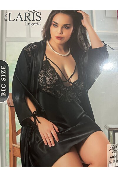 LARİS Miss 6006 Siyah Saten Dantelli 2’li Büyük Beden Gecelik Sabahlık Takımı