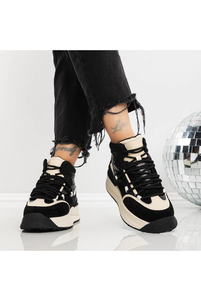 mei Γυναικείες Μπότες LF81182-1 Μαύρο-Κρεμ