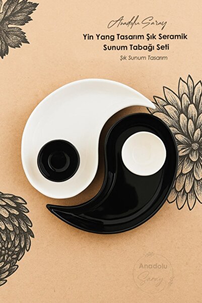 Anadolu Saray Yin Yang Design Stylish Ceramic Presentation Plate Set – Black and White Modern Tableware Decor