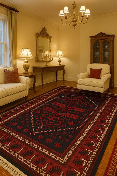 Eren Halı %100 Doğal Yün Makine Halısı, Afgan Halısı, Bordo Lacivert Salon Halısı