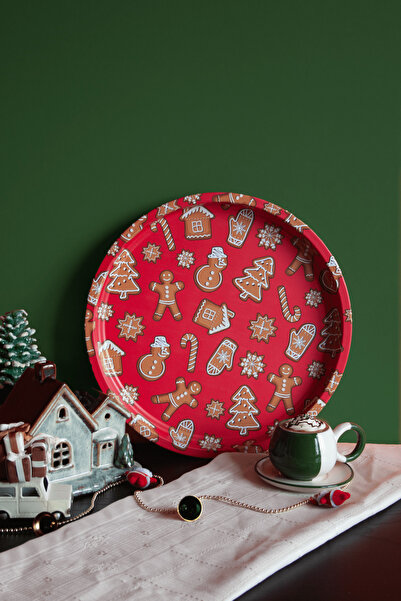 Sarkap Home Yılbaşı Desenli Dekoratif Metal Tepsi - Ginger Bread