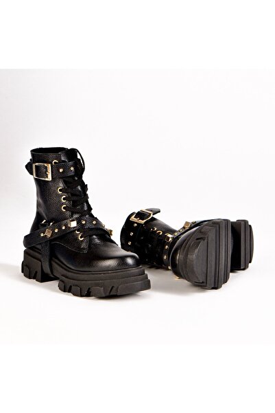 Vanilla Days Ghete Berta negre din piele granulată cu accesorii aurii