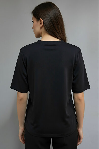 Allyco Crew Neck Striped Detail Pocket Regular Knitted Black T-Shirt