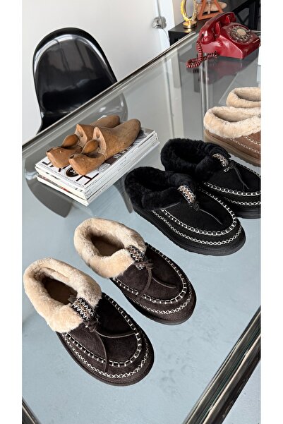 Eataly Shoes Μαύρες γυναικείες παντόφλες μοκασίνι από γνήσιο δέρμα σουέτ με ραμμένη γούνα