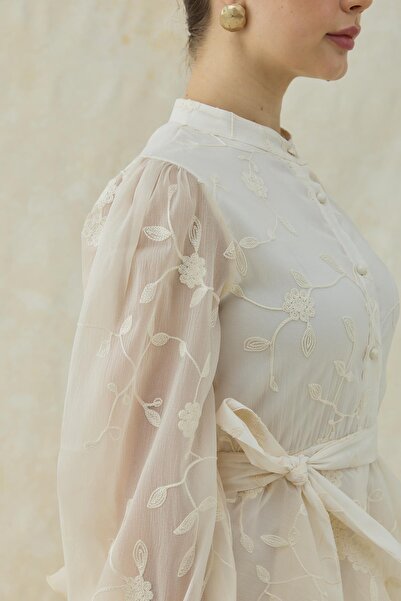 Elbee Fashion Woman Layered Chiffon Dress with Floral Embroidery Detail