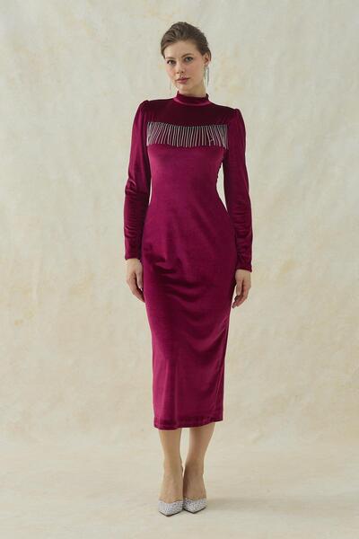 Elbee Fashion Woman Rochie din catifea lungime midi cu detaliu strălucitor bu...