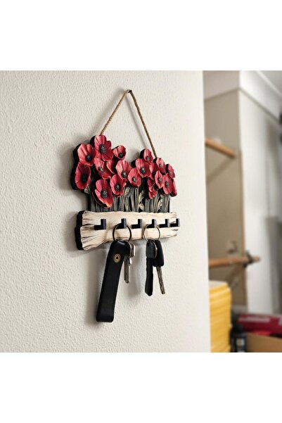 CajuArt Dekoratif Kırmızı Gelincik Çiçek Motifli Katmanlı Askılık Anahtarlık Duvar Dekoru