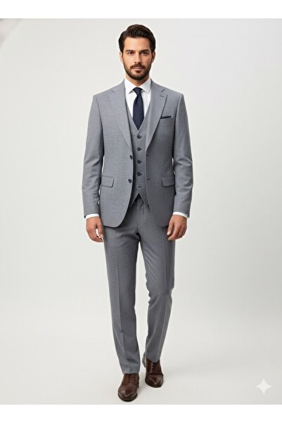 SÜVARİ Slim Fit Blue Argyle Pattern Vest Set Piece Suit