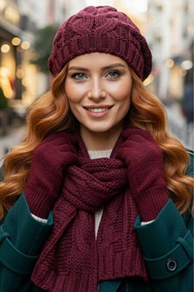 Trenderrs Women's Knitted Patterned Beanie Scarf Gloves Set