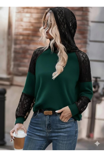 Moda Ebrar Women's Long Sleeve Lace Hooded Viscose Two Thread Blouse