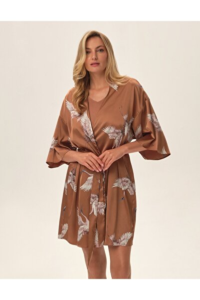 ESOTIQ Halat de baie pentru femei, din satin, cu model de cocor, în stil kimo...