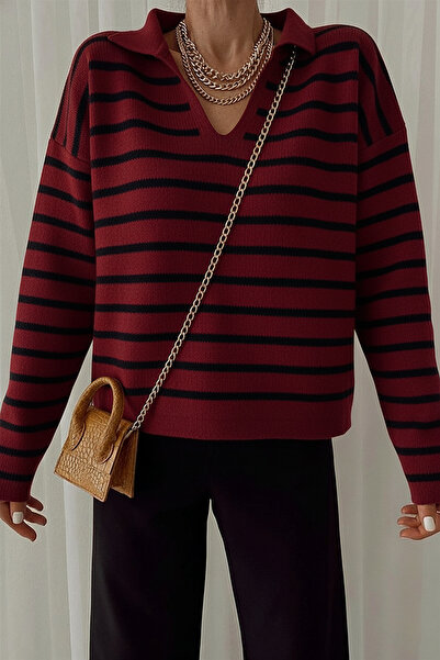 BEŞİR GİYİM Women's Burgundy Striped 1St Quality Polo Neck Basic Knitwear Sweater