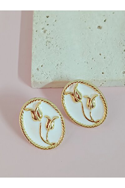 mos&more White Enamel Flower Pattern Women's Earrings
