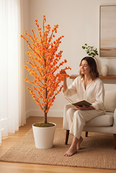 ERHAN FLOWERS hardal rengi 160 cm bahar dalı yapay ağaç plastik saksıda