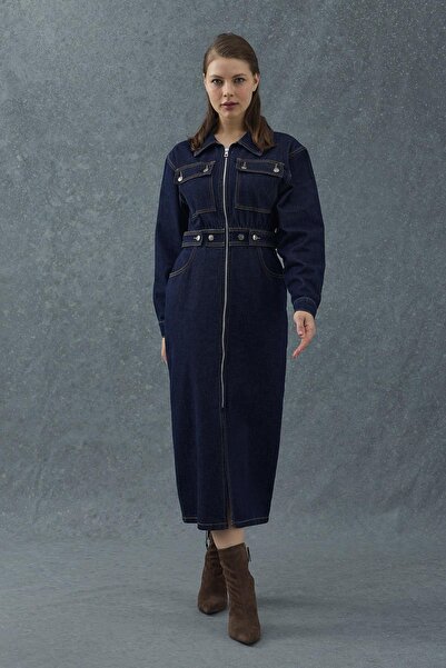 Elbee Fashion Woman Rochie din denim albastru bleumarin cu fermoar la talie