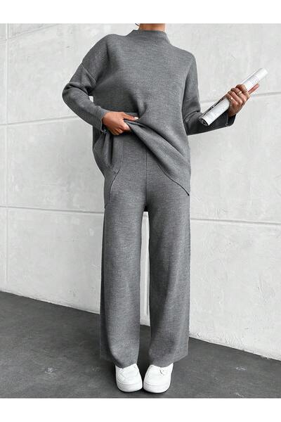 Puella Tkm0005 Women's Gray Glitter Half Turtleneck Pique Sweater-Pants Knitwear Set