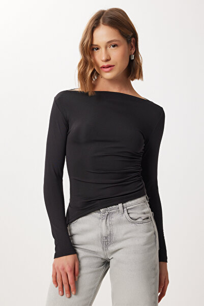 Lovelyİstanbul Asymmetrical Gathered Knitted Blouse Lby0020 Black