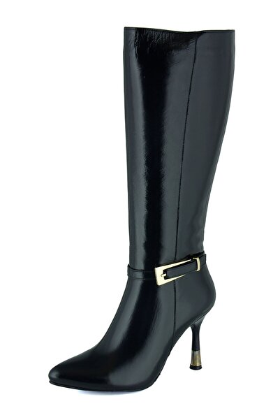 Erkan Saçmacı Black Patent Leather Genuine Cowhide Buckle Zipper Pointed Toe Thin Heeled Boots