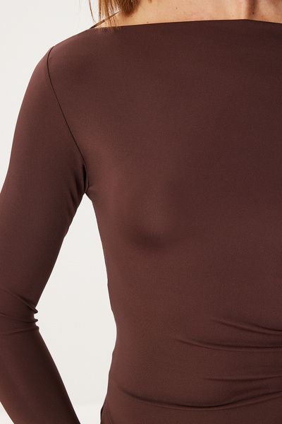 Lovelyİstanbul Asymmetrical Gathered Knitted Blouse Lby0020 Brown