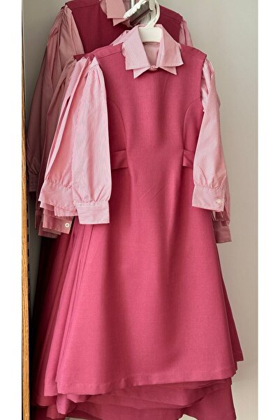 La reina petite Larina Petite pink elementary school pinafore with belt and pink and white striped shirt