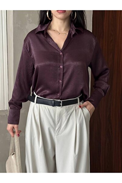 Coşkun GİYİM Women's Long Sleeve Cuffed Sleeve Tip Flowy Satin Shirt Bordo 4918