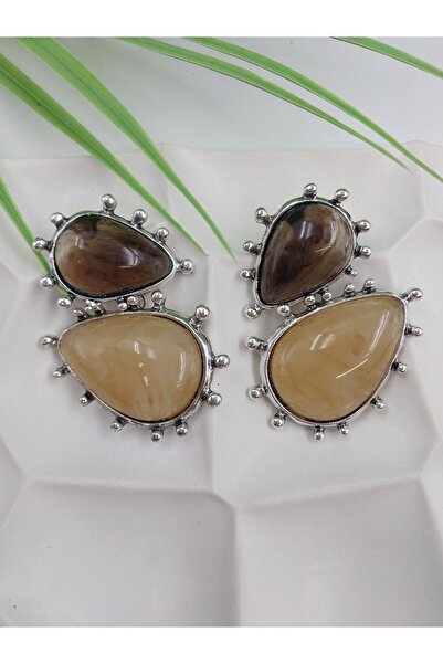 Yaseminli Butik أقراط فضية اللون على شكل قطرة ذات رابط مزدوج بلون العظم والقهوة