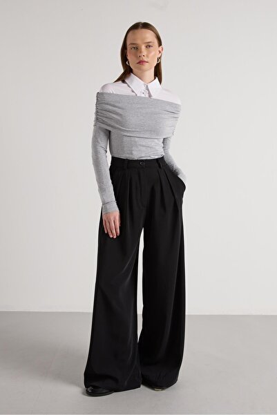 minaaise Kadın Siyah Pileli Palazzo Pantolon 30068