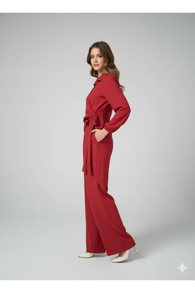 cemo Women's Double-Breasted Blouse and Wide Leg Pants Two-Piece Set Wrinkled Fabric Stylish Set