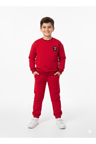 JCKS KİDS Long Sleeve Fleece-Lined 3 Thread Waist and Leg Elastic Double Pocket Tracksuit Set