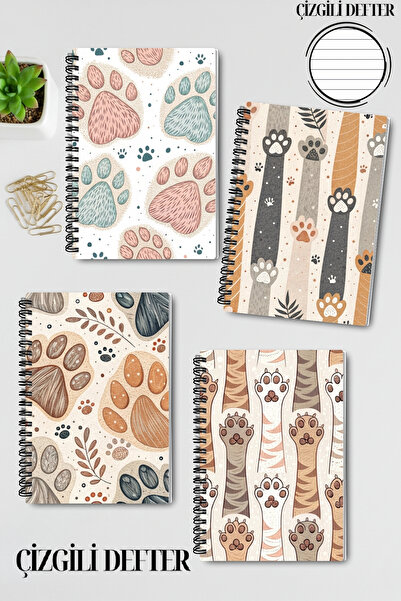 qoeuyl boutique Cute Cat Paws Patterned Design Wire Spiral A5 Lined 4-Piece Souvenir, Memory, School Notebook Set