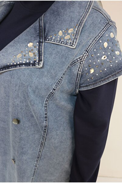 Eslina 44010 Plus Size Denim Vest with Stone Detail on Collar and Shoulders - Blue