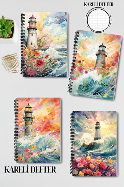 qoeuyl boutique مجموعة دفاتر ملاحظات مدرسية بتصميم منارة البحر ذات طابع المحيط، مربعة الشكل مقاس A5، مكونة من 4 قطع، تذكارية، للذكريات