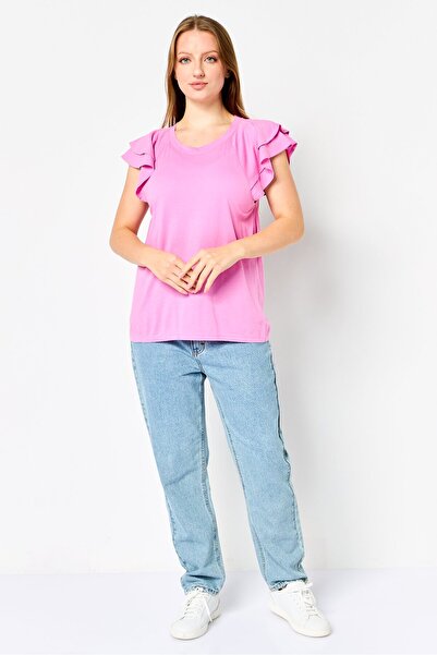 GAP Women Crew Neck Solid Flutter Sleeve Top, Pink