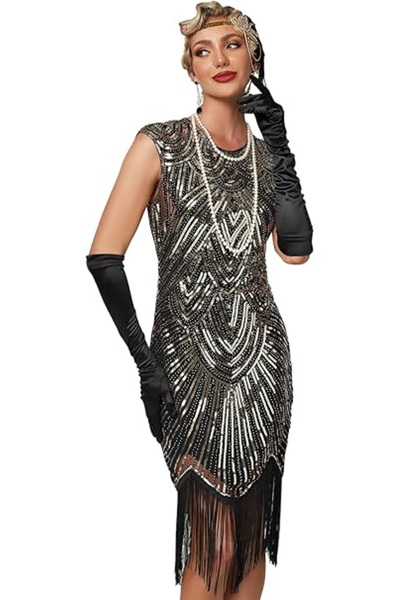 OEM Short elegant dress, fitted, sleeveless, black with gold XL