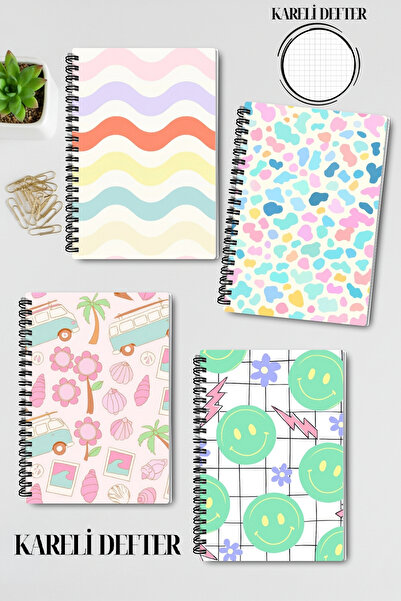 qoeuyl boutique مجموعة دفاتر ملاحظات مدرسية تذكارية من 4 قطع بتصميم ريترو بألوان الباستيل، بخطوط حلزونية، مقاس A5، مربعة النقش