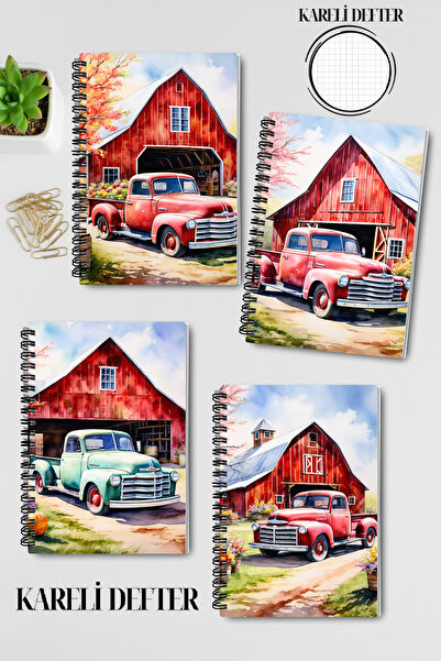 qoeuyl boutique Vintage Car Farm Design Wire Spiral A5 Checkered 4-Piece Souvenir, Memory, School Notebook Set