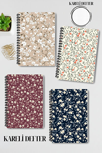 qoeuyl boutique Mini Flowers Design Wire Spiral A5 Squared 4-Piece Souvenir, Memory, School Notebook Set