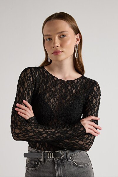minaaise Women's Black Transparent Lace Short Stretch Fabric Blouse 30051