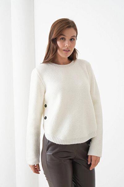 Park Karon Women's Crew Neck Button Detail Slit Knitwear Sweater