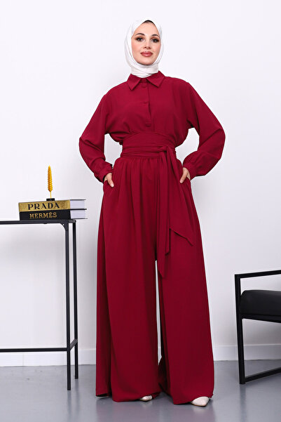 İmajButik Burgundy Elastic Waist Jumpsuit