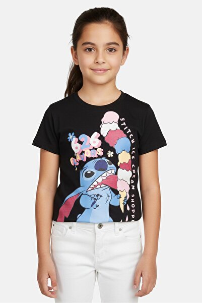 Disney تي شيرت مطبوع عليه رسومات ليلو وستيتش للأطفال للبنات، أسود