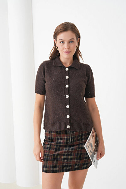 Park Karon Women's Polo Neck Button Detail Short Sleeve Glitter Knit Cardigan